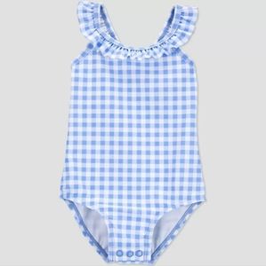 New! Carter's Baby Girl One Piece Swimsuit Blue Gingham Plaid Ruffle Bow